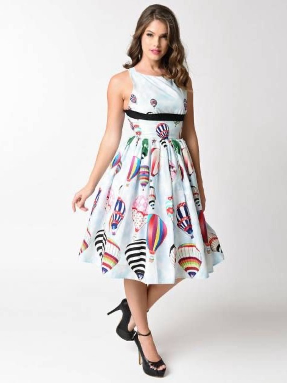 Unique Vintage Light Blue Hot Air Balloon Print Midi Dress with Black Waistband